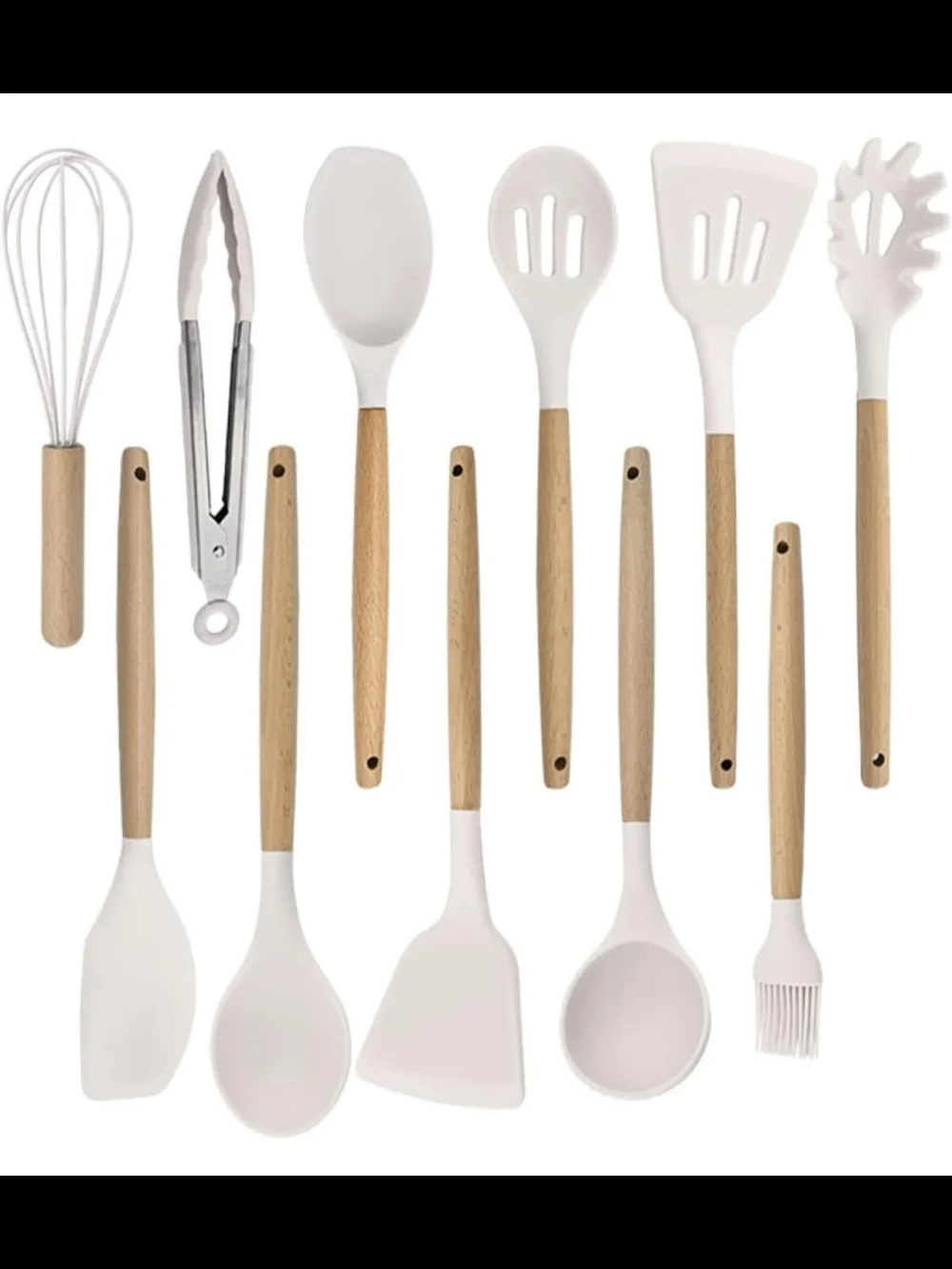 Wood Handle White Silicone Kitchen Utensil Set - 11 Piece